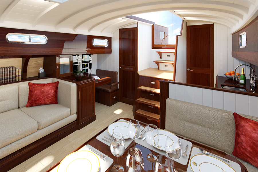 Fairlie 77 interior, saloon looking aft